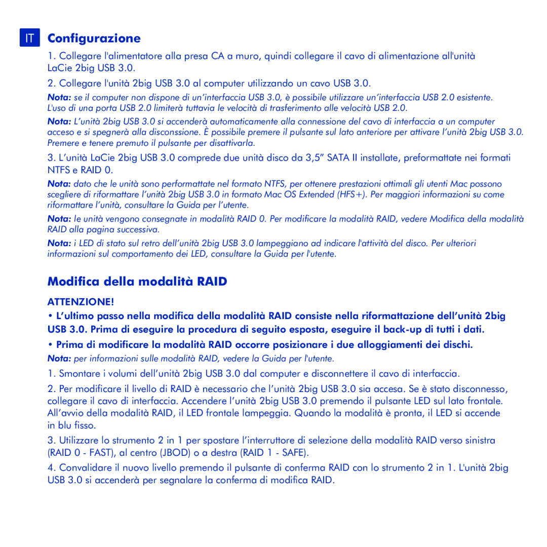 LaCie 2big USB 3.0 manual IT Configurazione, Modifica della modalità RAID, Attenzione 