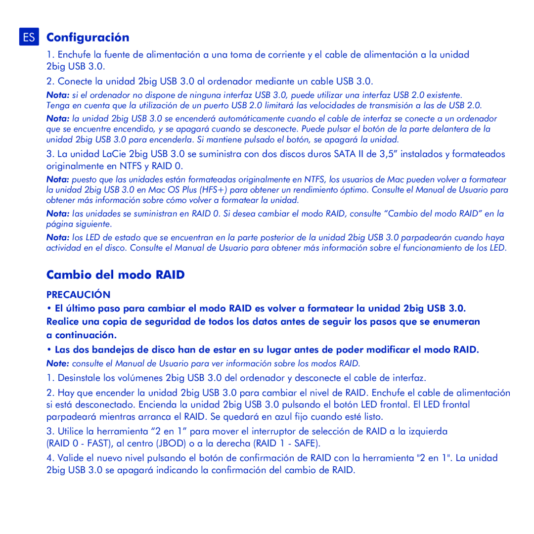 LaCie 2big USB 3.0 manual ES Configuración, Cambio del modo RAID, Precaución 