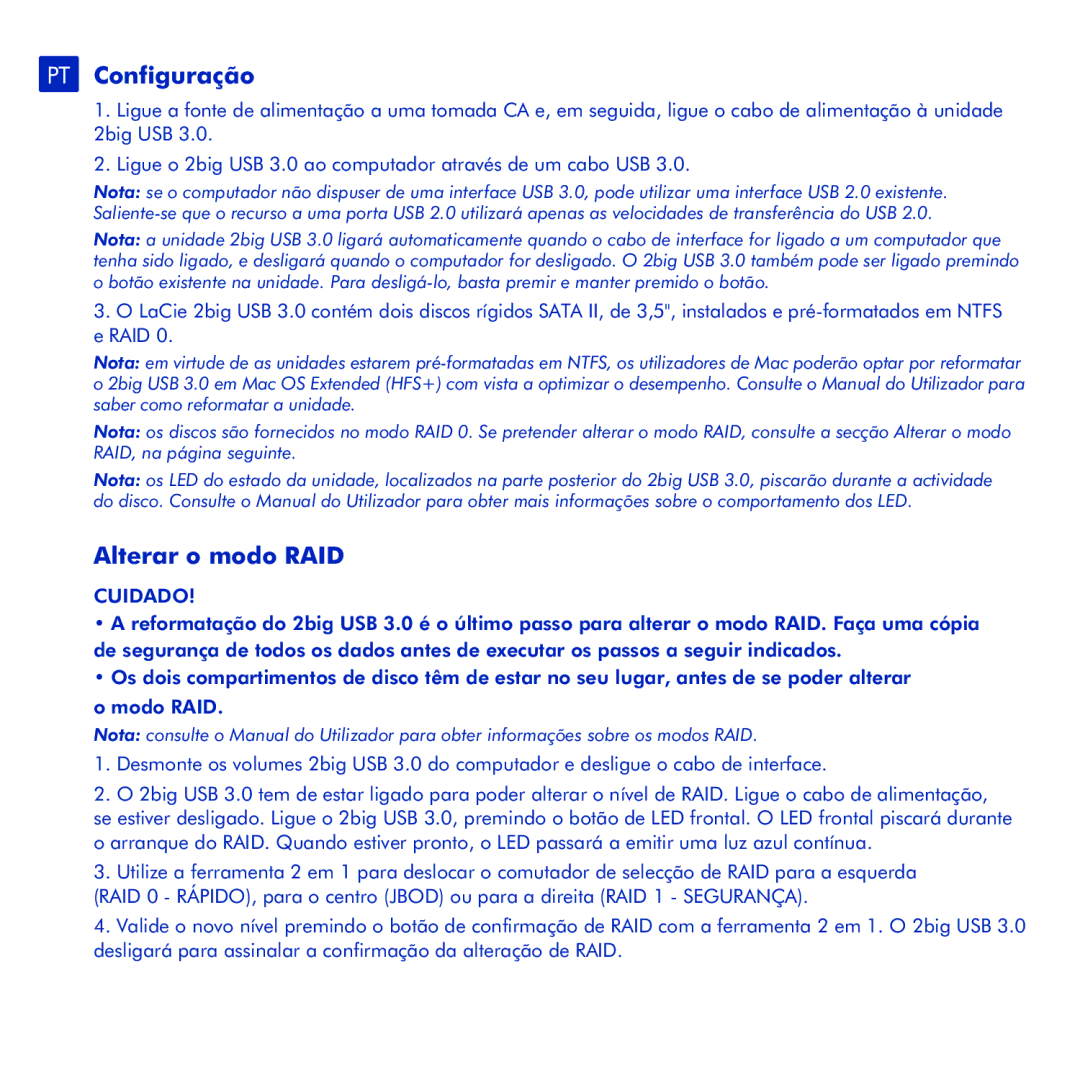 LaCie 2big USB 3.0 manual PT Configuração, Alterar o modo RAID, Cuidado 