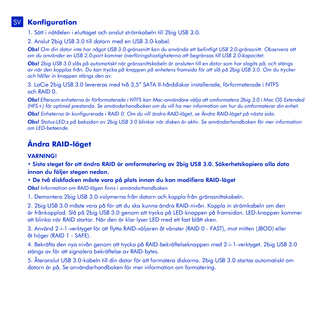 LaCie 2big USB 3.0 manual SV Konfiguration, Ändra RAID-läget, Varning 