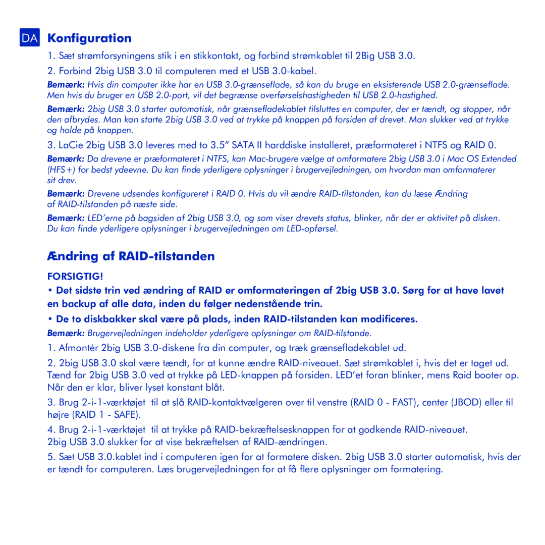 LaCie 2big USB 3.0 manual DA Konfiguration, Ændring af RAID-tilstanden, Forsigtig 