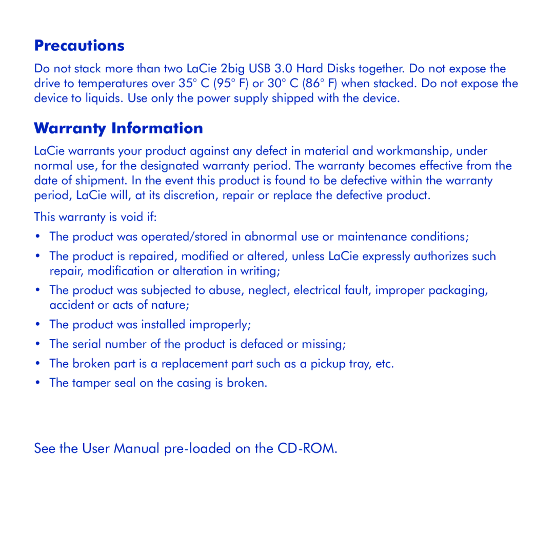 LaCie 2big USB 3.0 manual Precautions 