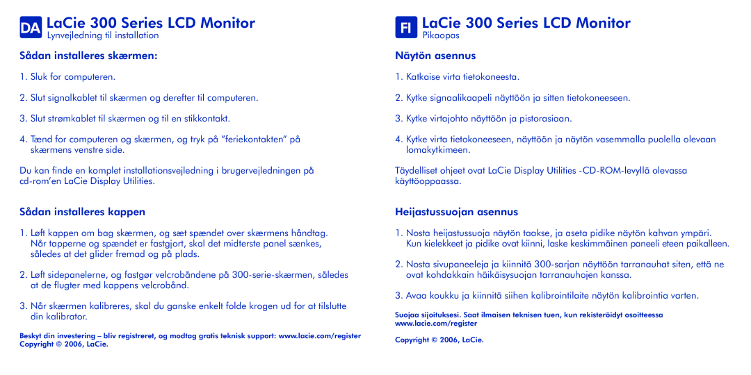 LaCie manual DA LaCie 300 Series LCD Monitor, FI LaCiePikaopas 300 Series LCD Monitor 