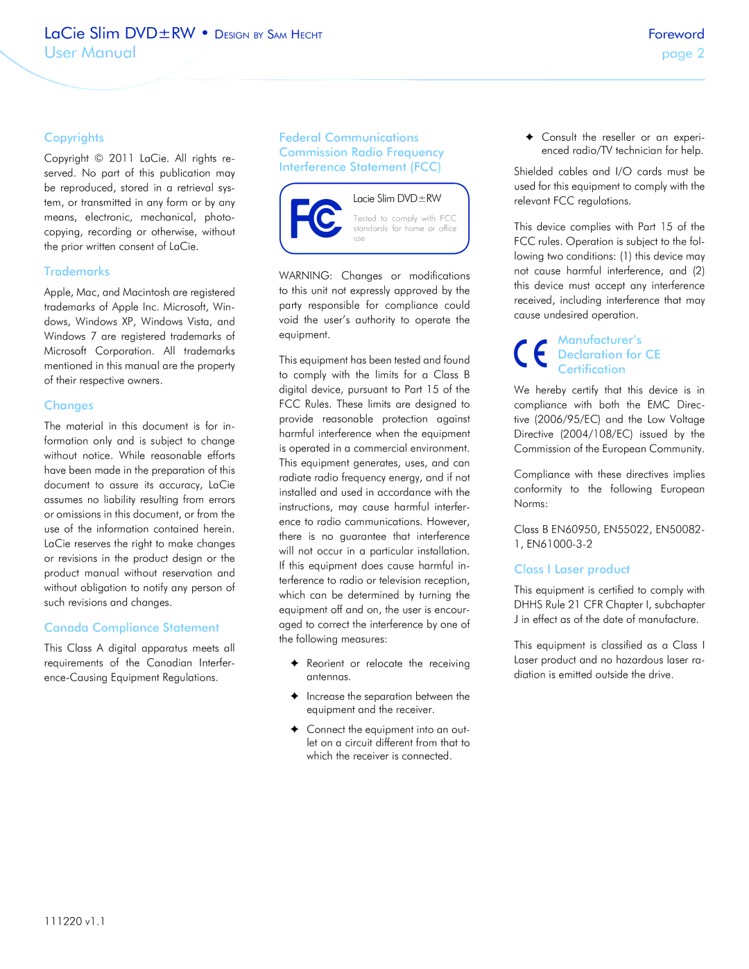 LaCie 301910 Copyrights, Trademarks, Changes, Canada Compliance Statement, Manufacturer’s Declaration for CE Certification 