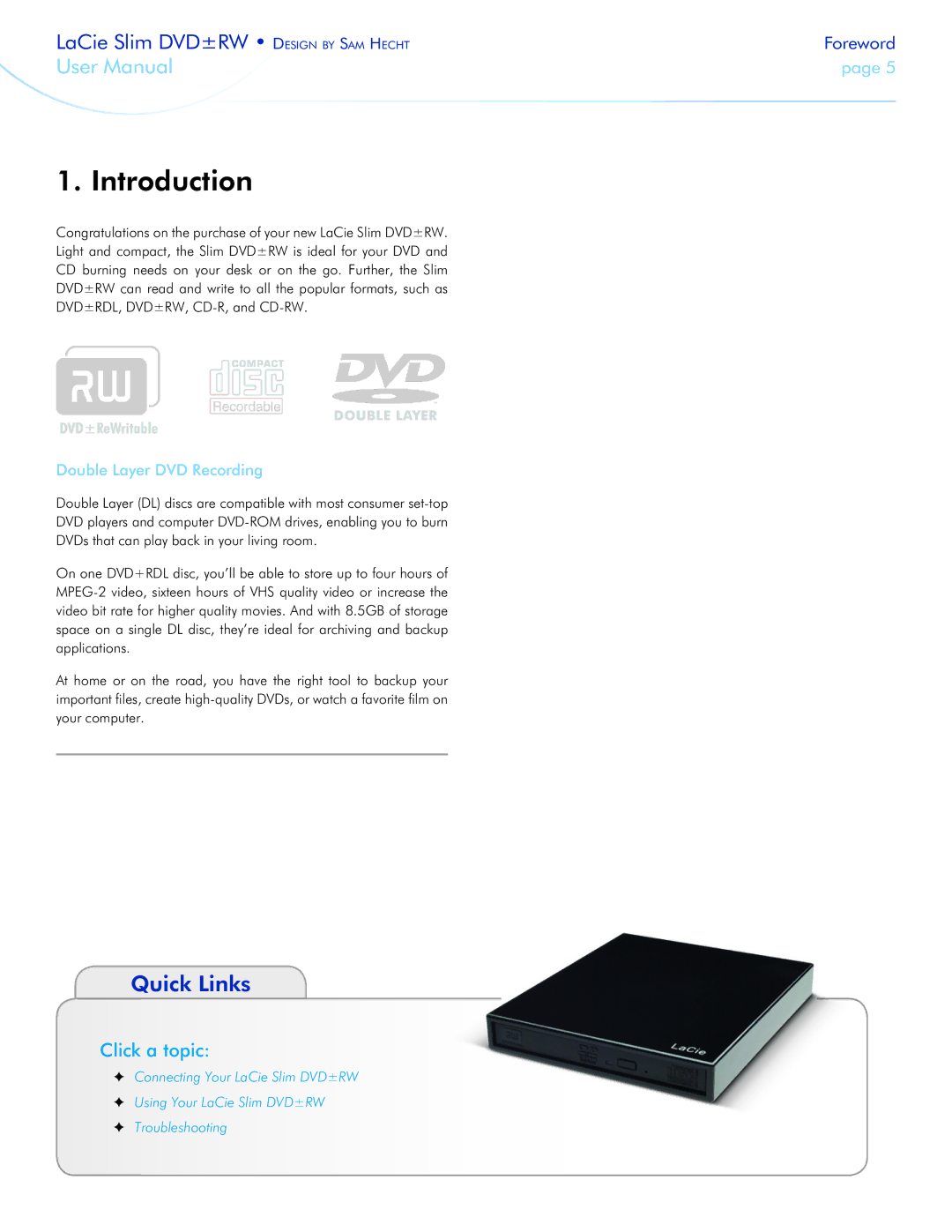 LaCie 301910 user manual Introduction, Quick Links, Click a topic, Double Layer DVD Recording 