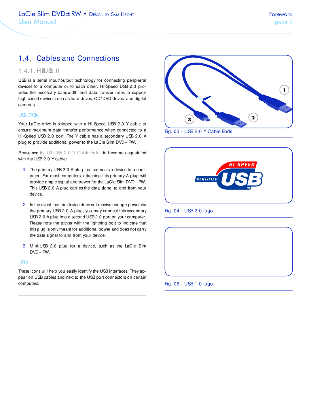 LaCie 301910 user manual Cables and Connections, Hi-Speed USB, USB 2.0 Y Cable, USB Icons 