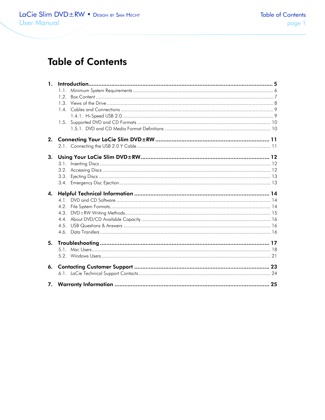 LaCie 301910 user manual Table of Contents, LaCie Slim DVD±RW D esign by S am H echt, User Manual, page, Introduction 