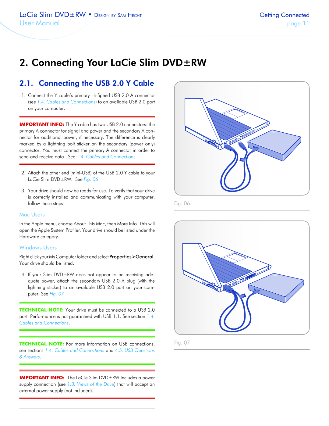 LaCie 301910 Connecting Your LaCie Slim DVD±RW, Connecting the USB 2.0 Y Cable, Getting Connected, Mac Users, User Manual 