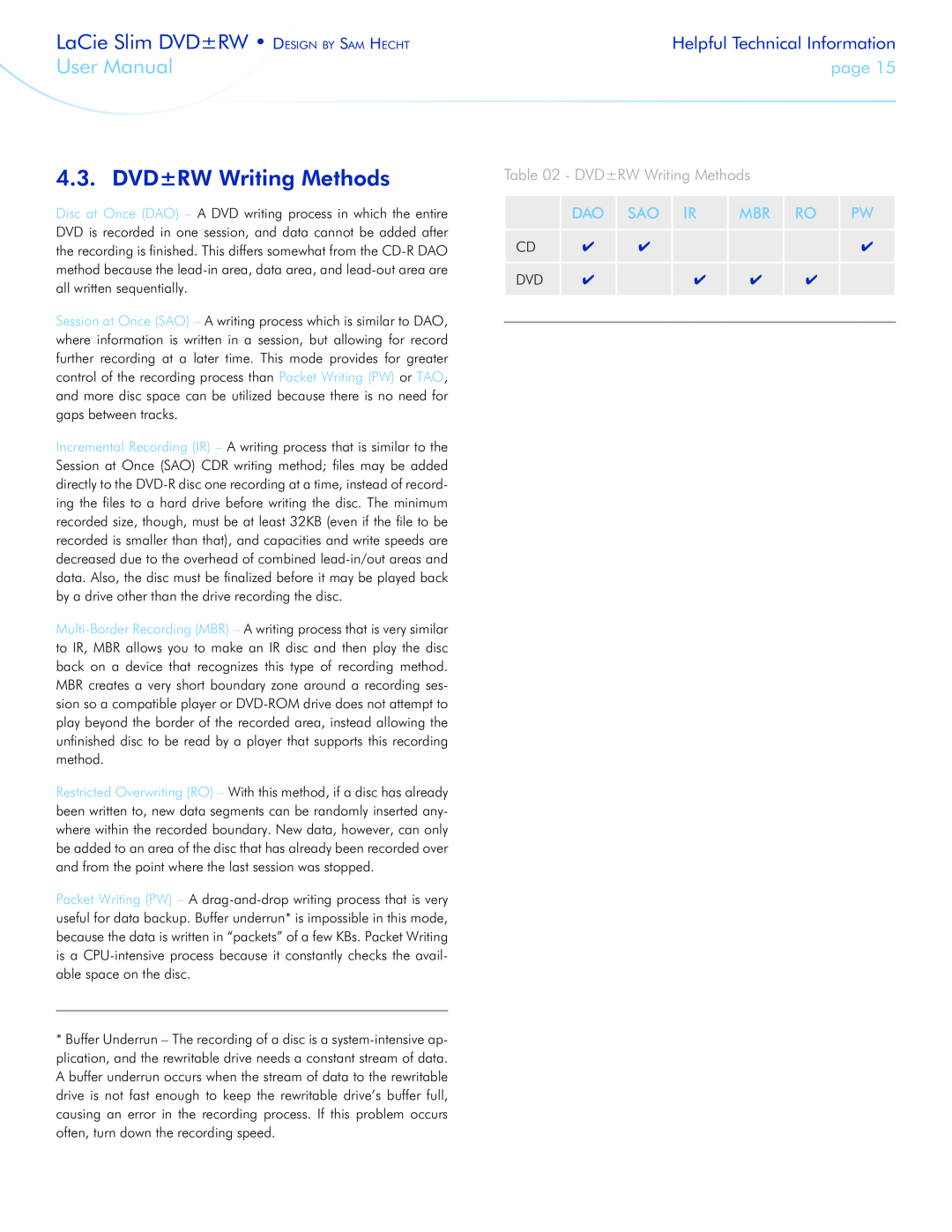 LaCie 301910 user manual DVD±RW Writing Methods, Ro Pw, LaCie Slim DVD±RW Design by Sam Hecht, User Manual, page 