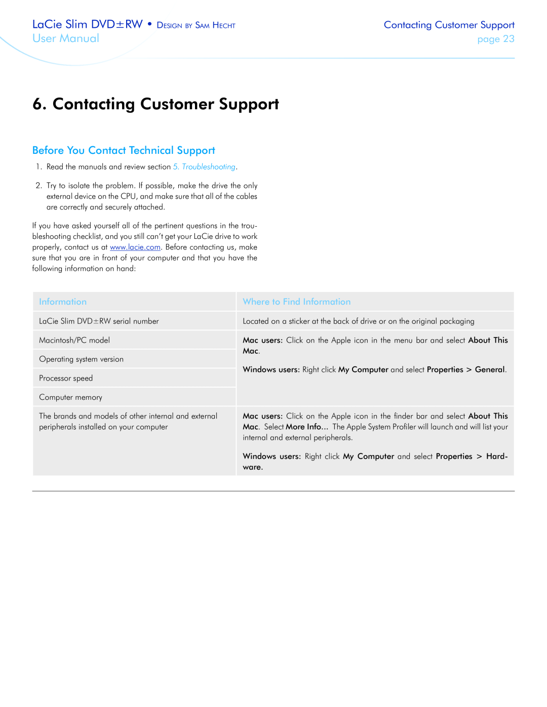 LaCie 301910 Contacting Customer Support, Before You Contact Technical Support, Where to Find Information, User Manual 