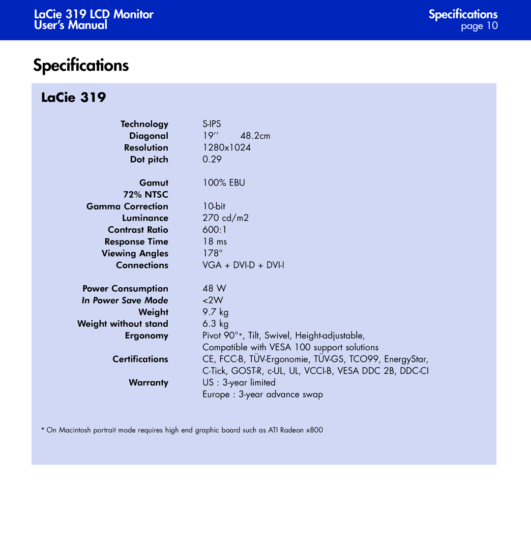 LaCie 319 user manual Specifications, LaCie 