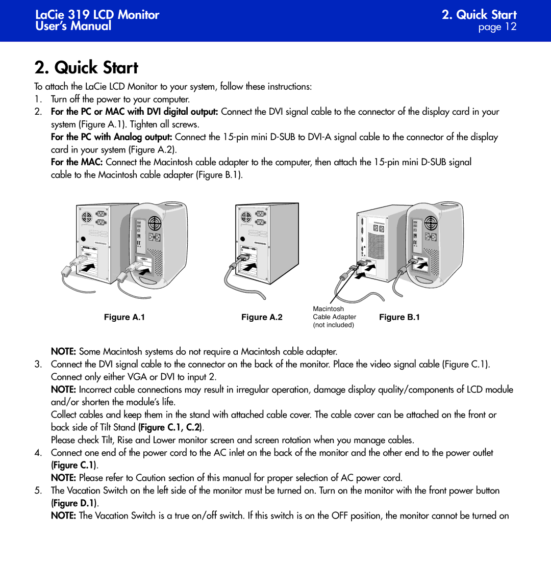 LaCie 319 user manual Quick Start, Figure A.1Figure A.2 Cable Adapter Figure B.1 