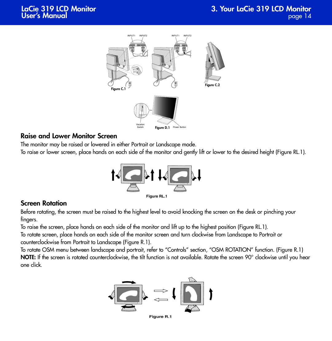 LaCie 319 user manual Raise and Lower Monitor Screen, Screen Rotation 