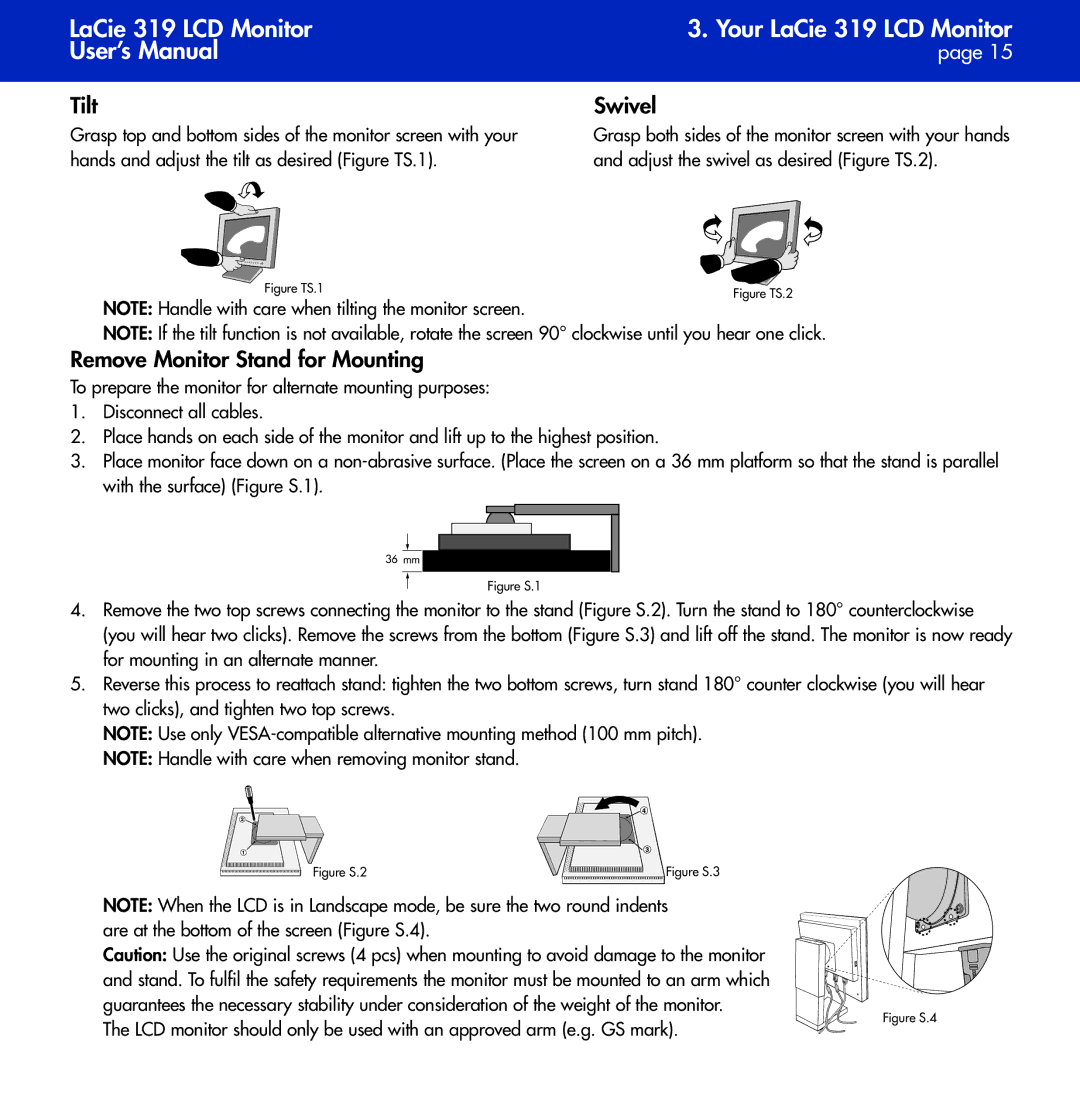 LaCie 319 user manual Tilt, Swivel, Remove Monitor Stand for Mounting 