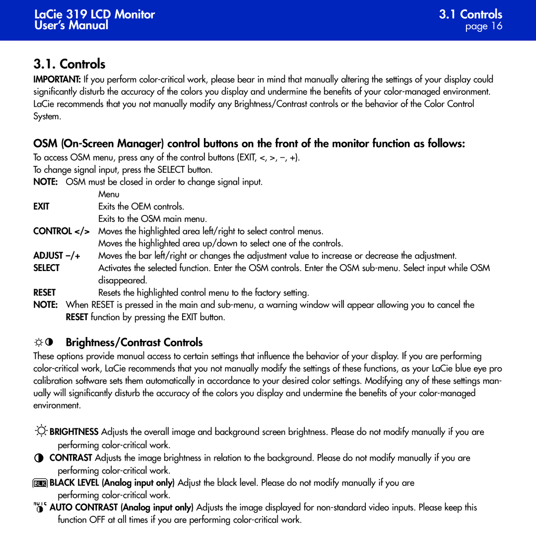 LaCie 319 user manual Brightness/Contrast Controls 