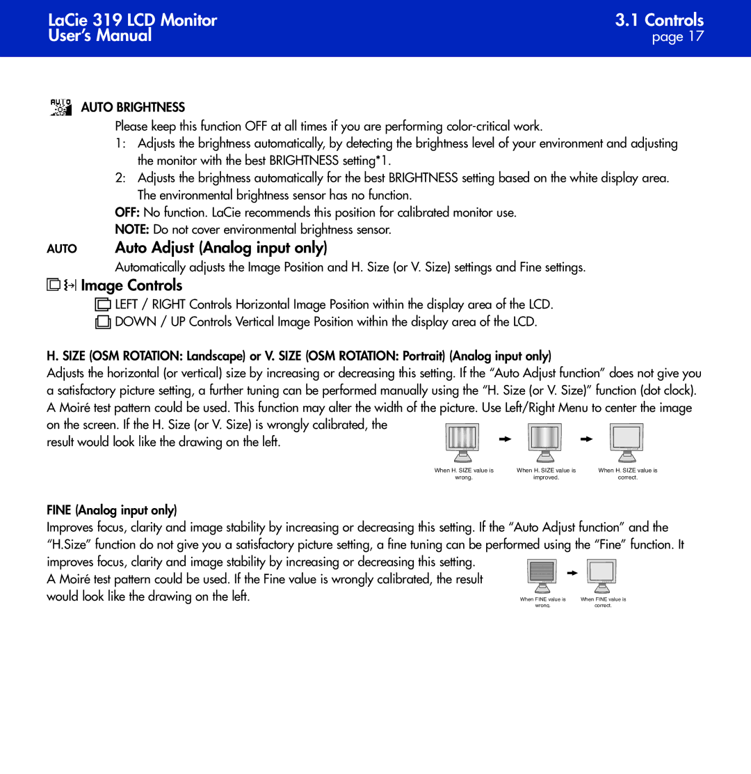 LaCie 319 user manual Auto Auto Adjust Analog input only, Image Controls, Fine Analog input only 