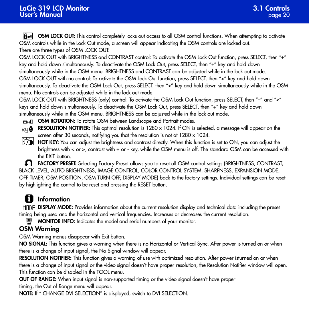 LaCie 319 user manual Information, OSM Warning 