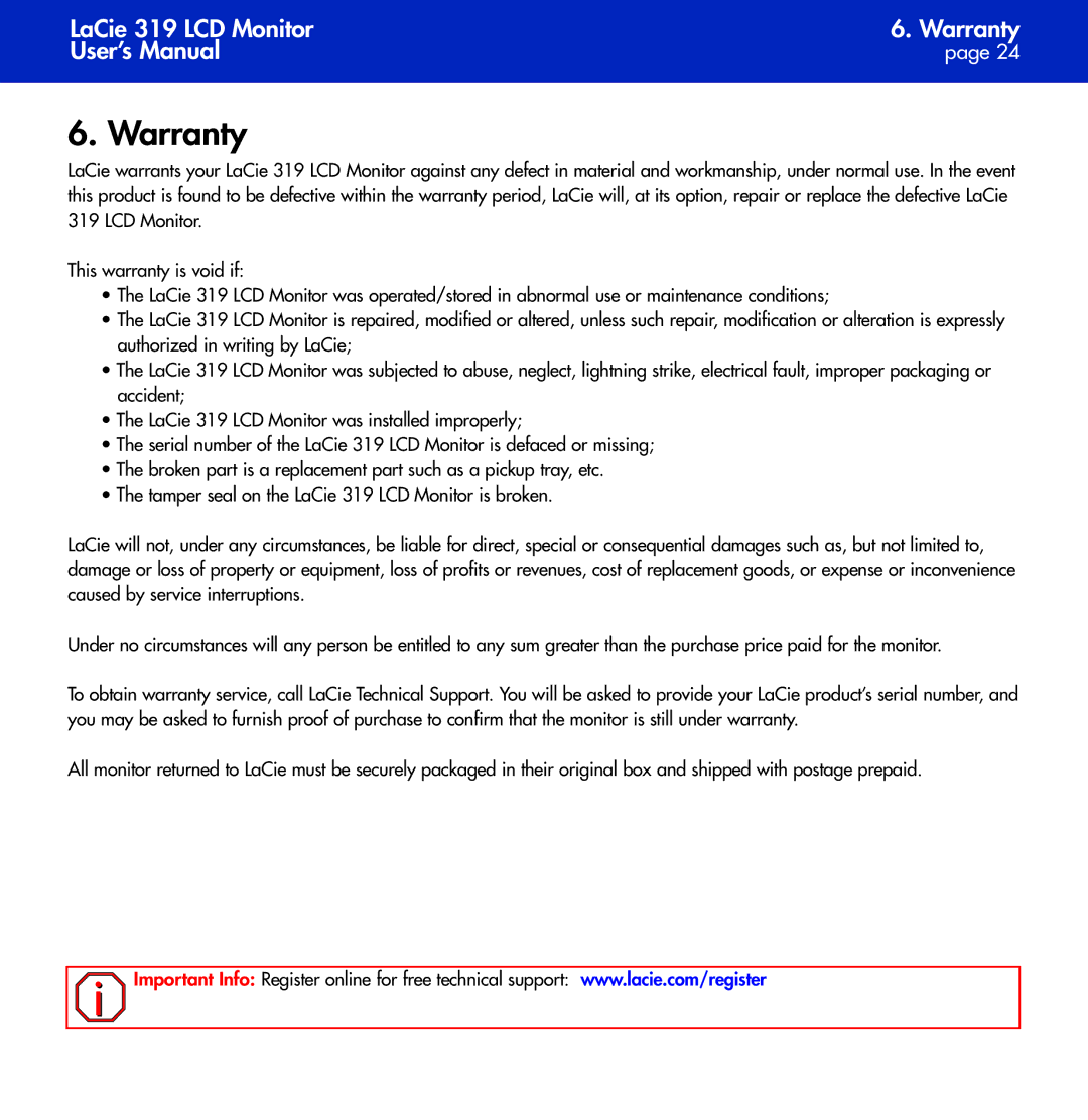 LaCie 319 user manual Warranty 