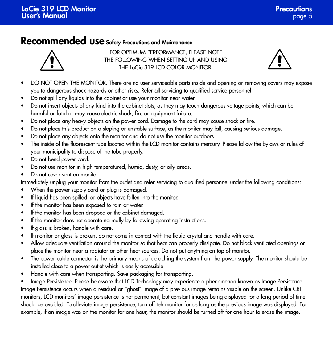 LaCie user manual LaCie 319 LCD Monitor Precautions User’s Manual, Recommended use Safety Precautions and Maintenance 