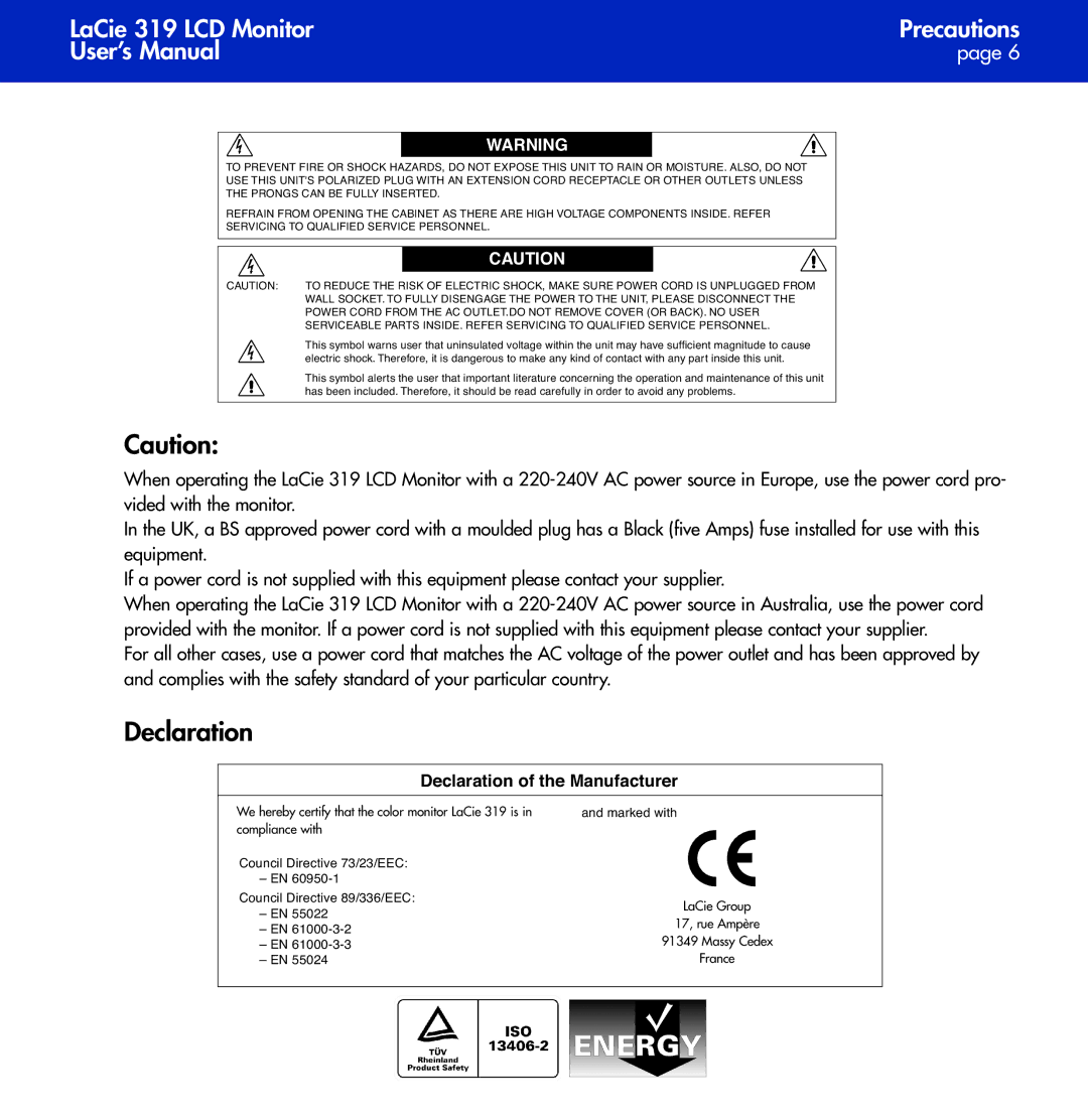 LaCie 319 user manual Declaration of the Manufacturer 