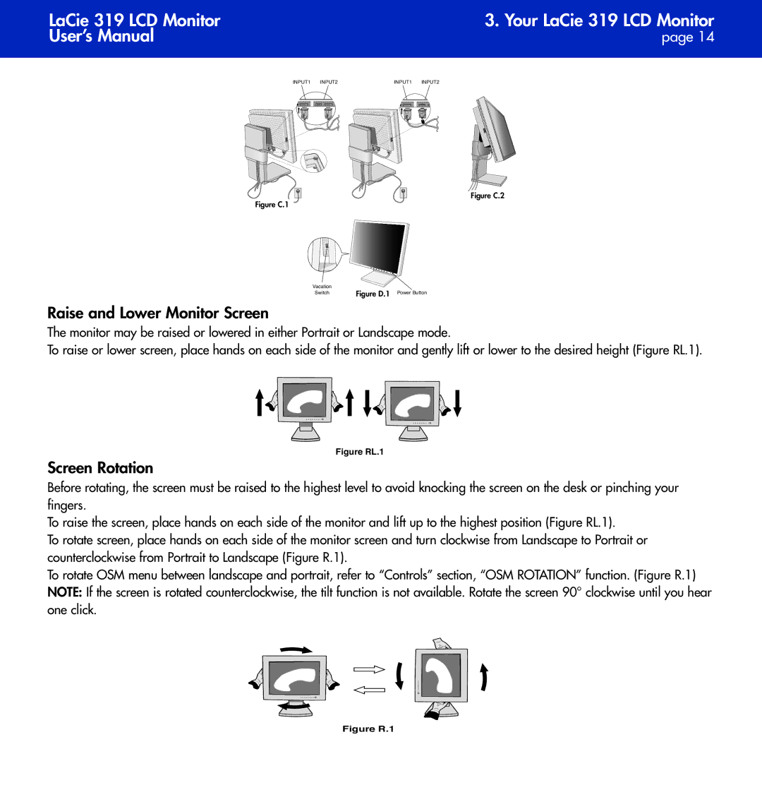 LaCie 319 user manual Raise and Lower Monitor Screen, Screen Rotation 