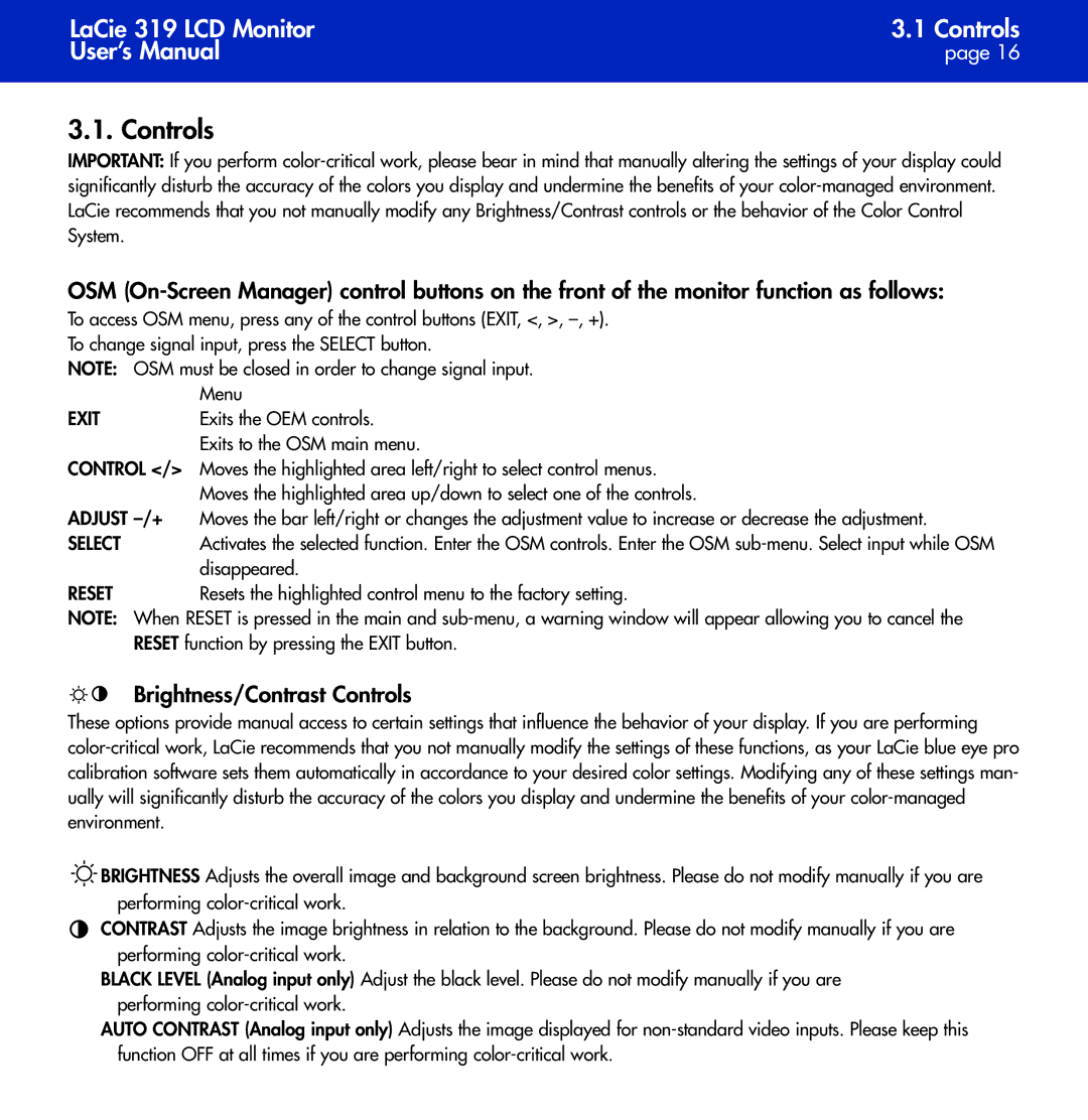 LaCie 319 user manual Brightness/Contrast Controls 