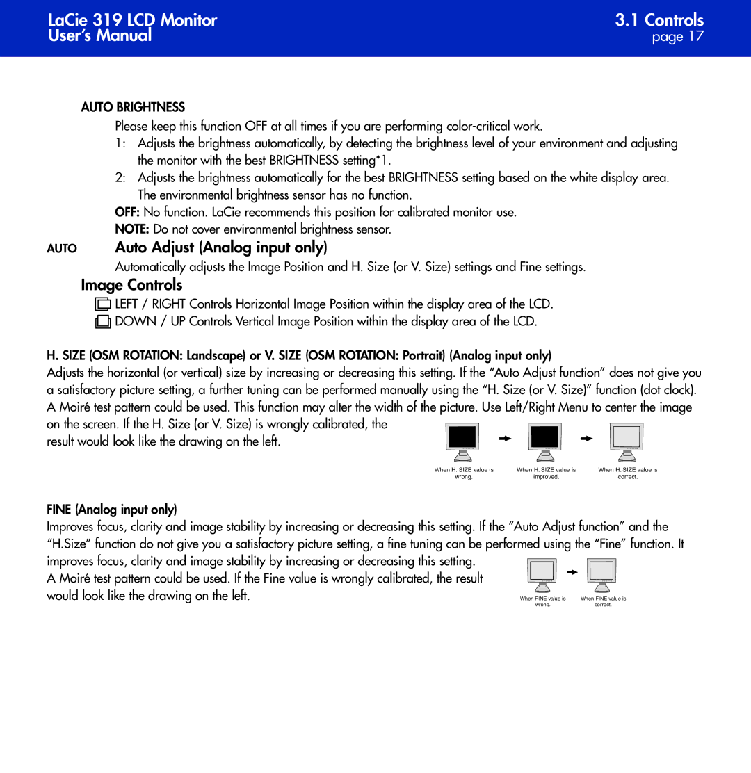 LaCie 319 user manual Auto Auto Adjust Analog input only, Image Controls, Fine Analog input only 