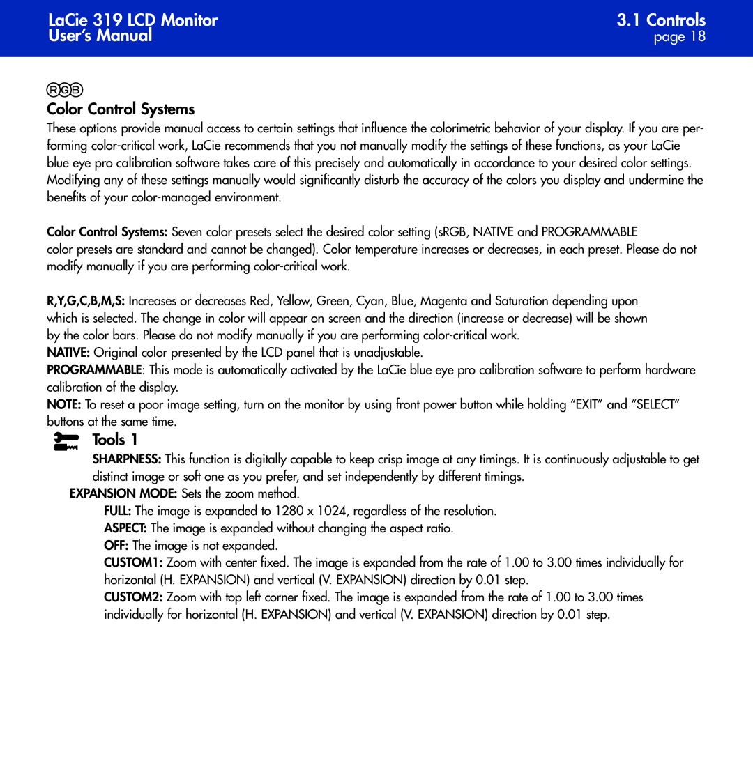 LaCie 319 user manual Color Control Systems, Tools 