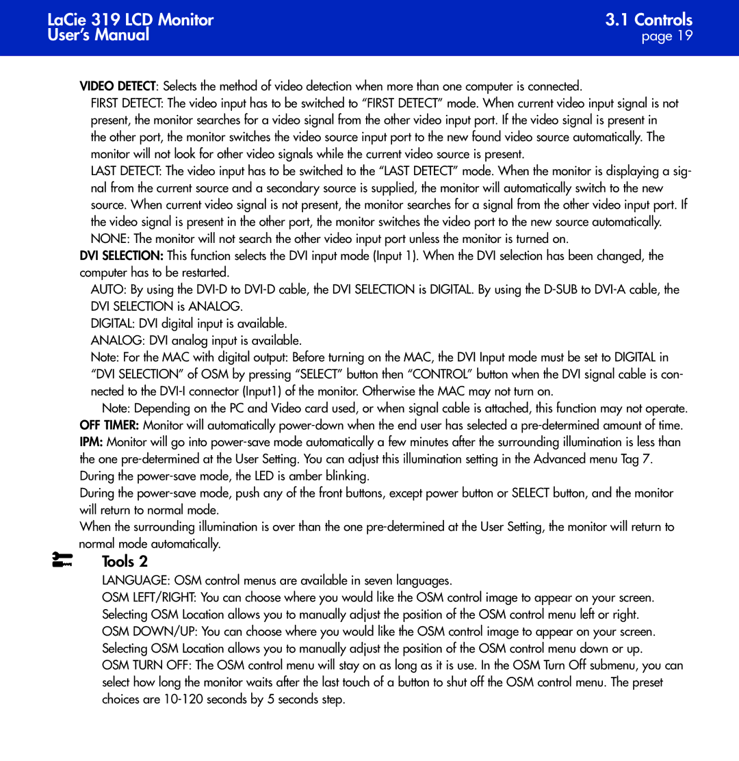 LaCie 319 user manual Language OSM control menus are available in seven languages 