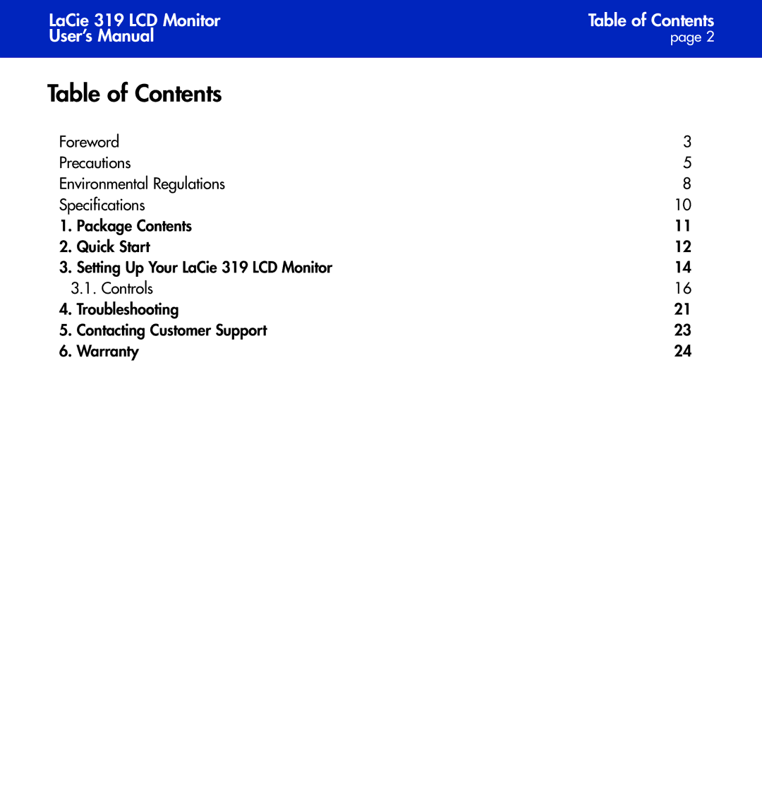 LaCie 319 user manual Table of Contents 