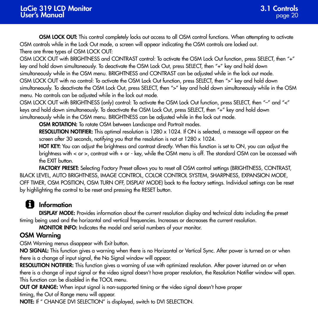 LaCie 319 user manual Information, OSM Warning 