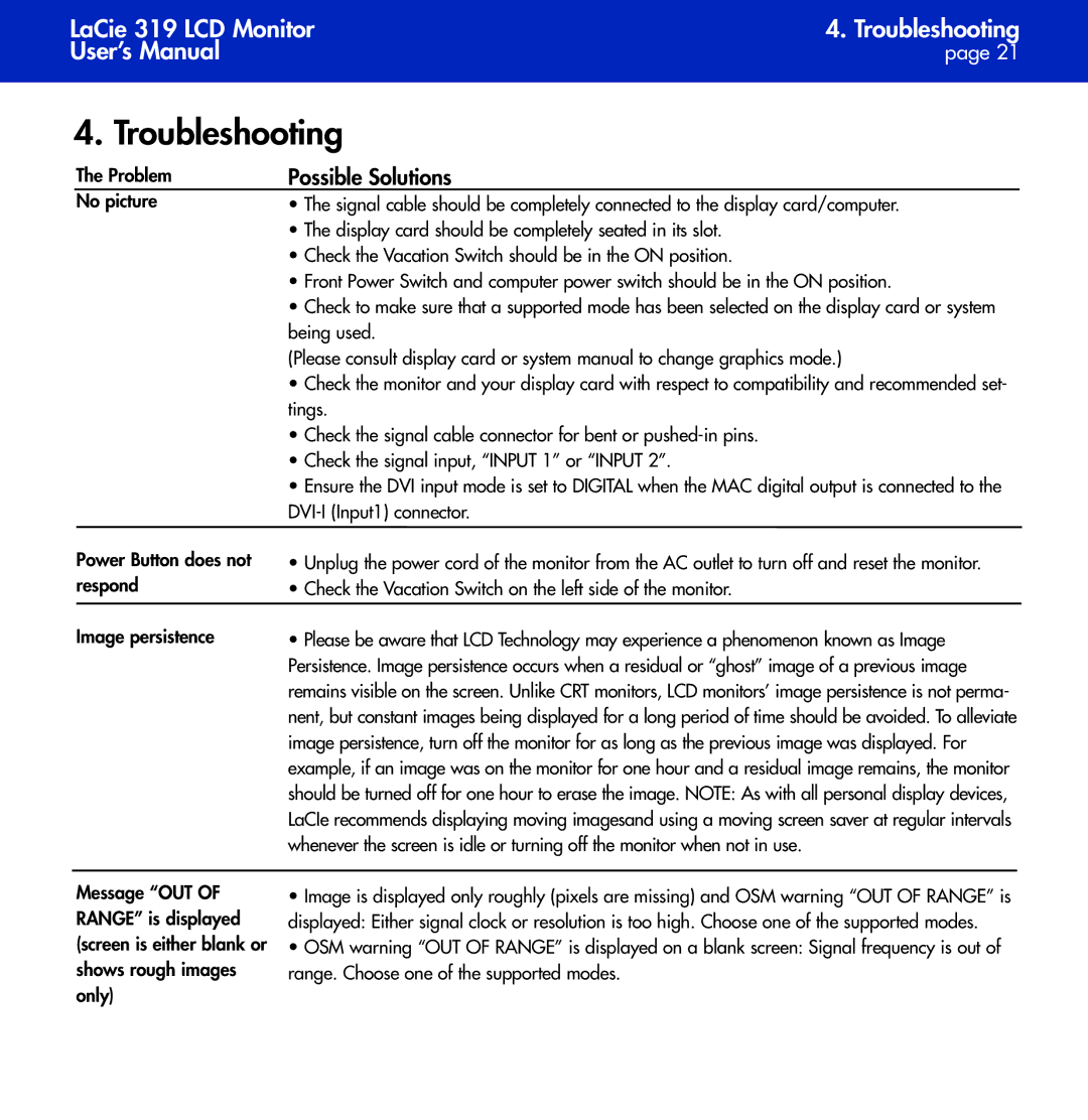 LaCie 319 user manual Troubleshooting, Possible Solutions 