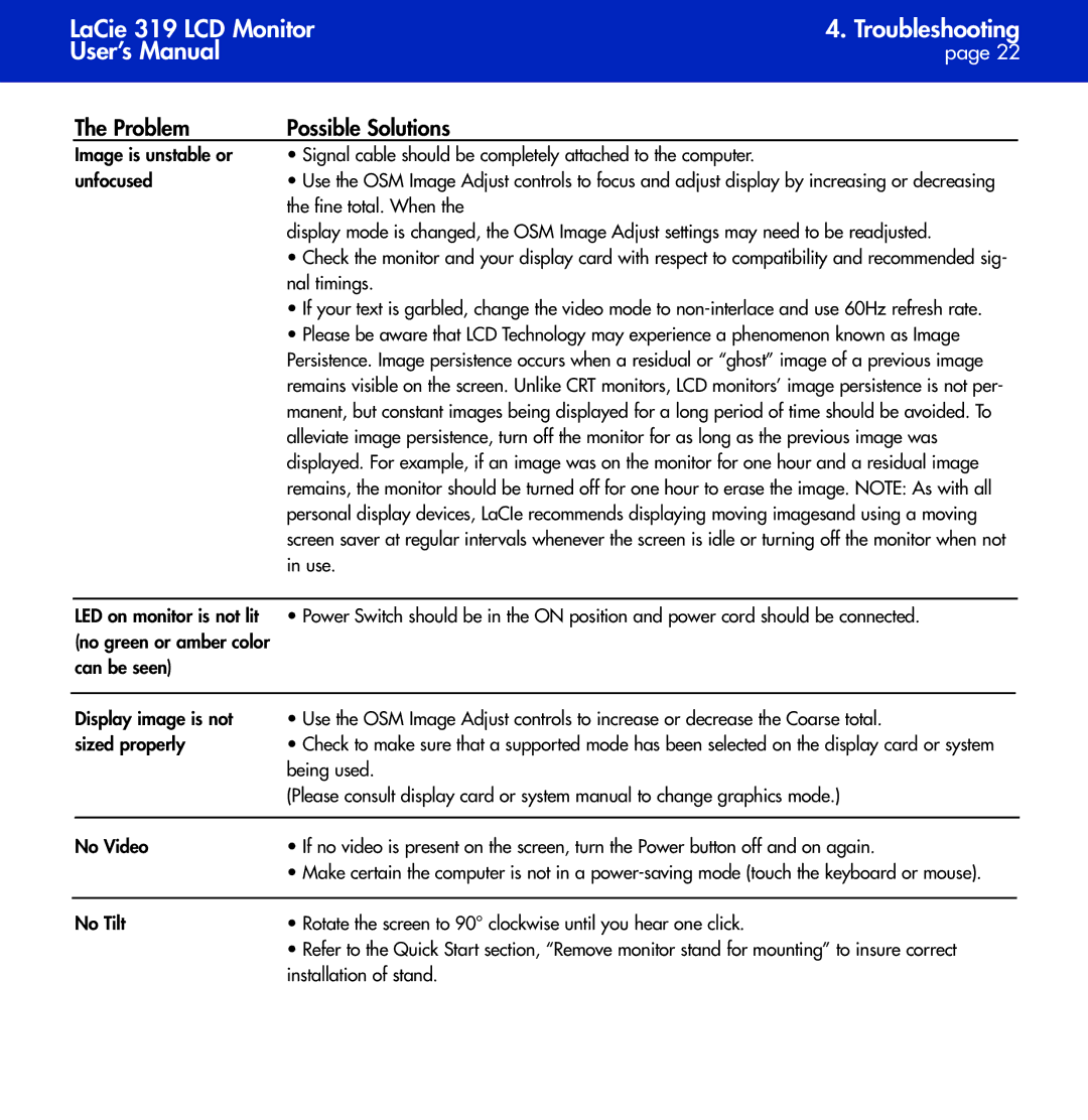 LaCie 319 user manual Problem Possible Solutions 