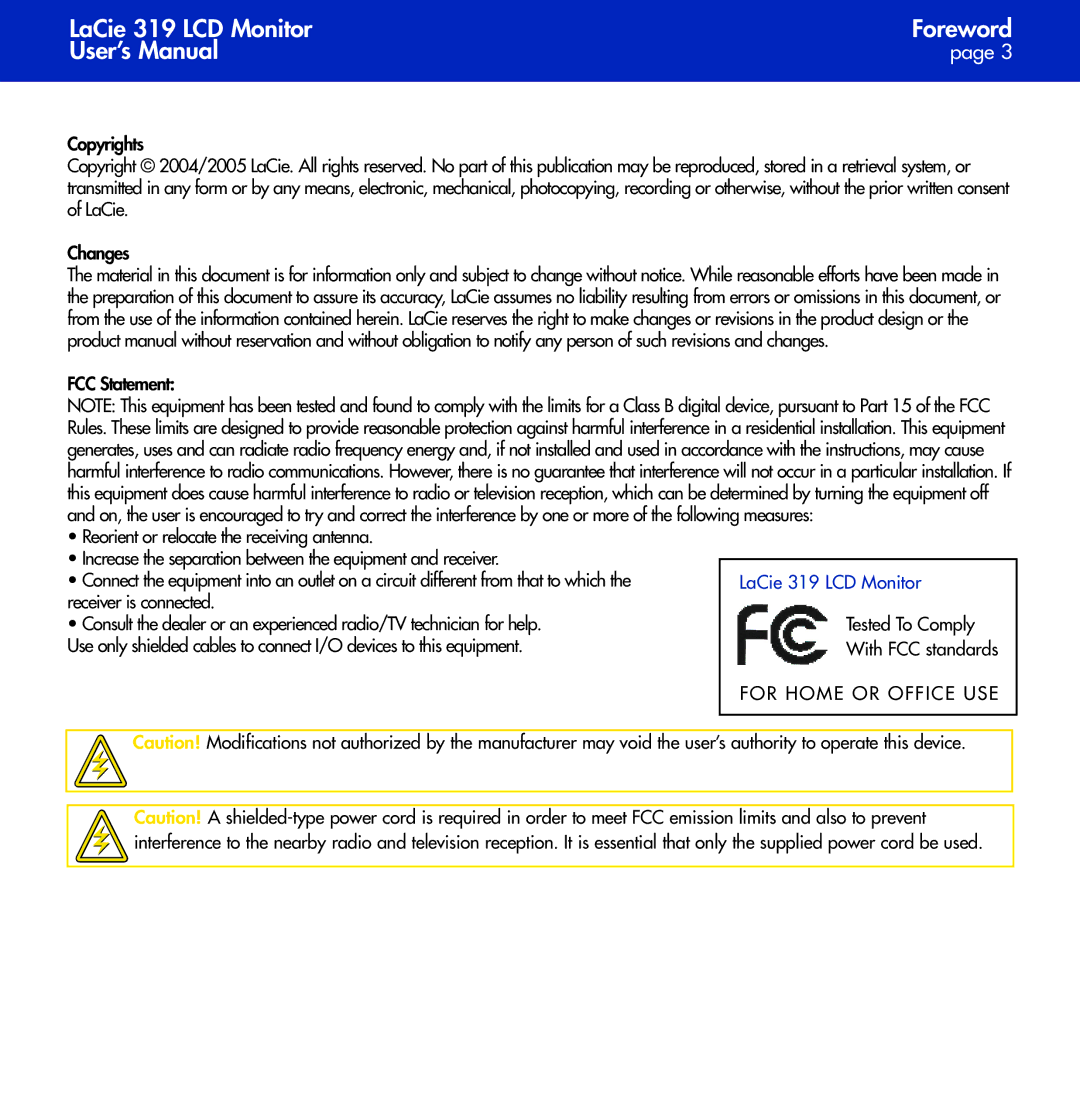 LaCie user manual LaCie 319 LCD Monitor Foreword User’s Manual, FCC Statement 