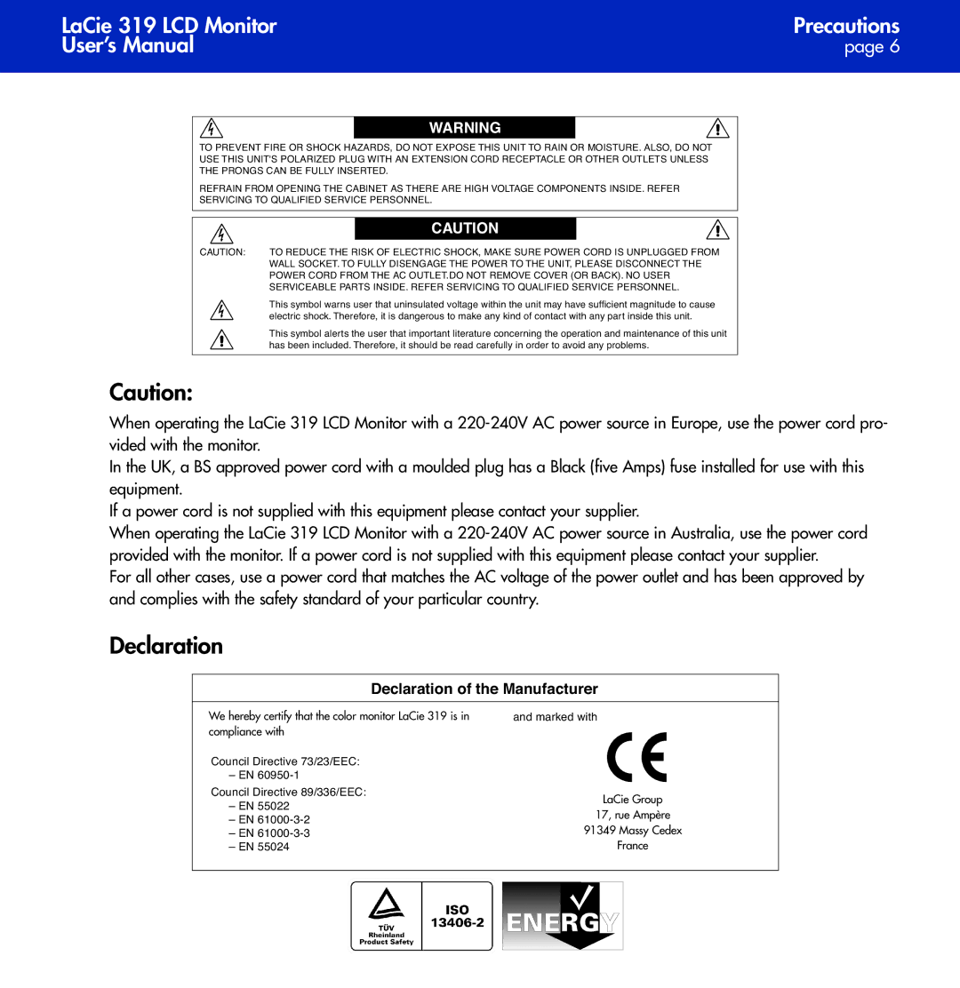 LaCie 319 user manual Declaration of the Manufacturer 