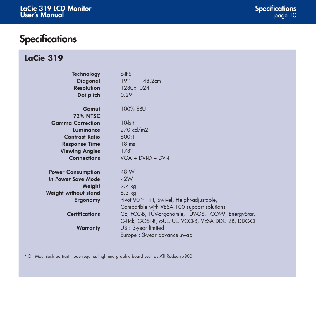 LaCie user manual Specifications, LaCie 319 LCD Monitor, User’s Manual, page, In Power Save Mode 