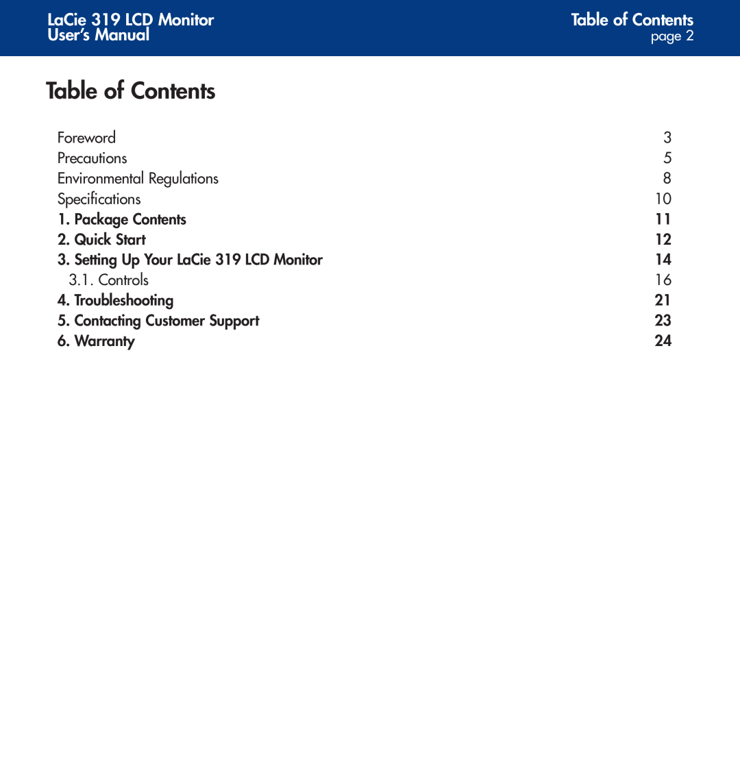 LaCie user manual Table of Contents, LaCie 319 LCD Monitor, User’s Manual 