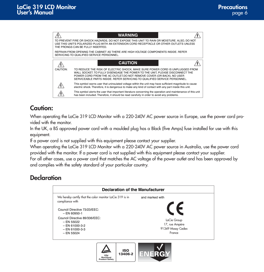 LaCie user manual Declaration, LaCie 319 LCD Monitor, Precautions, User’s Manual, page 