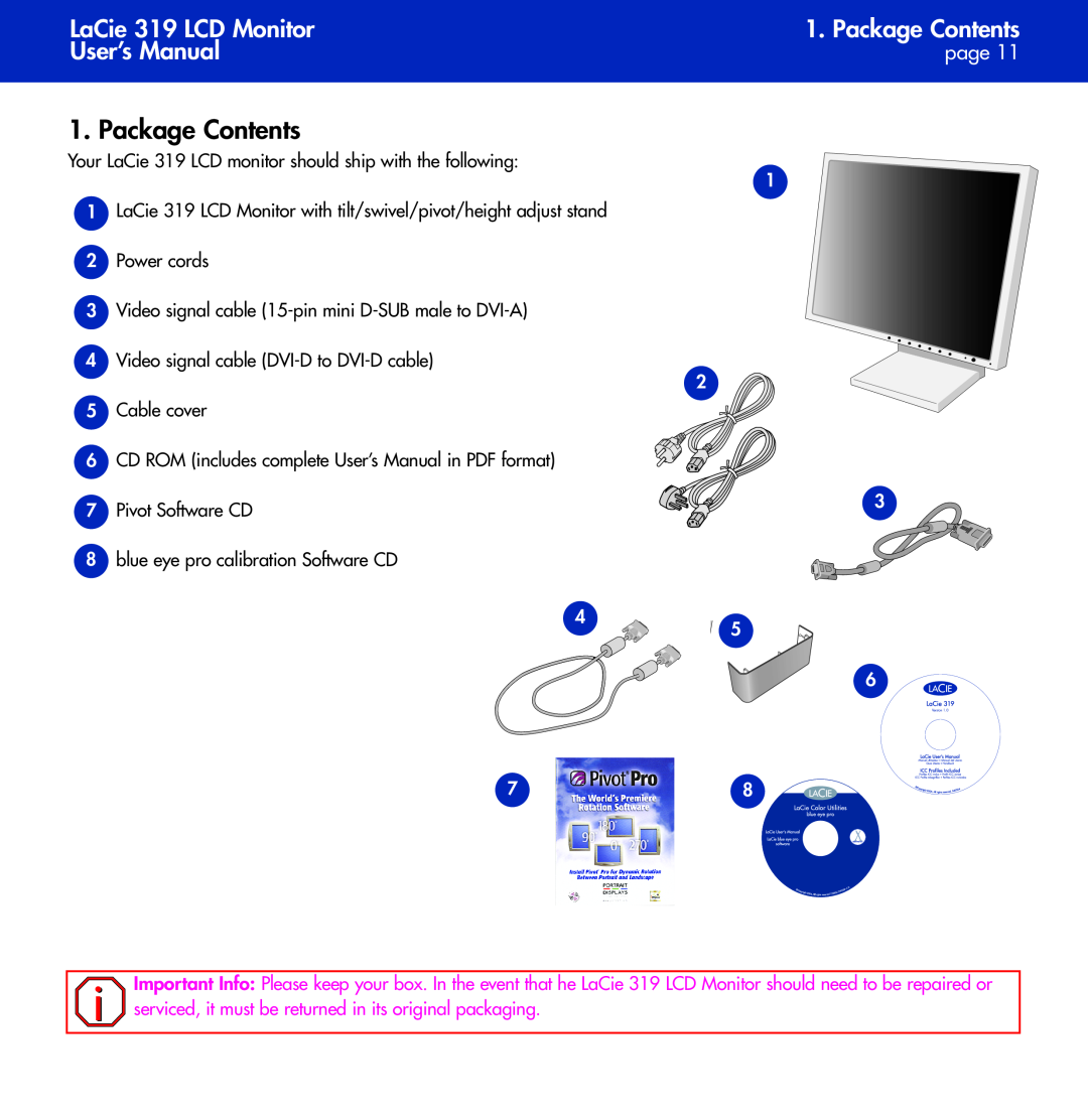 LaCie user manual Package Contents, LaCie 319 LCD Monitor, User’s Manual, page, Pivot Software CD 
