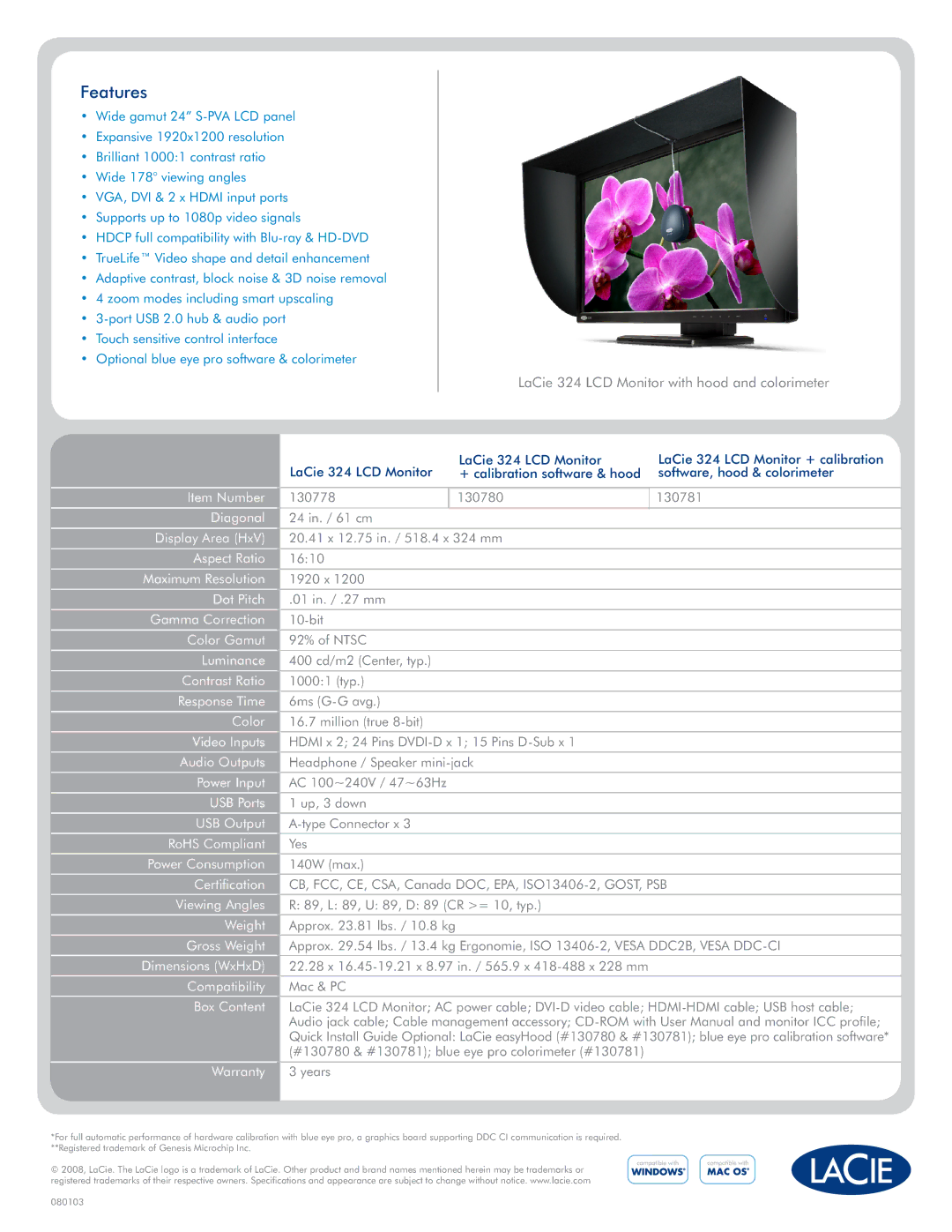 LaCie 324 Item Number, Diagonal, Display Area HxV, Aspect Ratio, Maximum Resolution, Dot Pitch, Gamma Correction, Color 