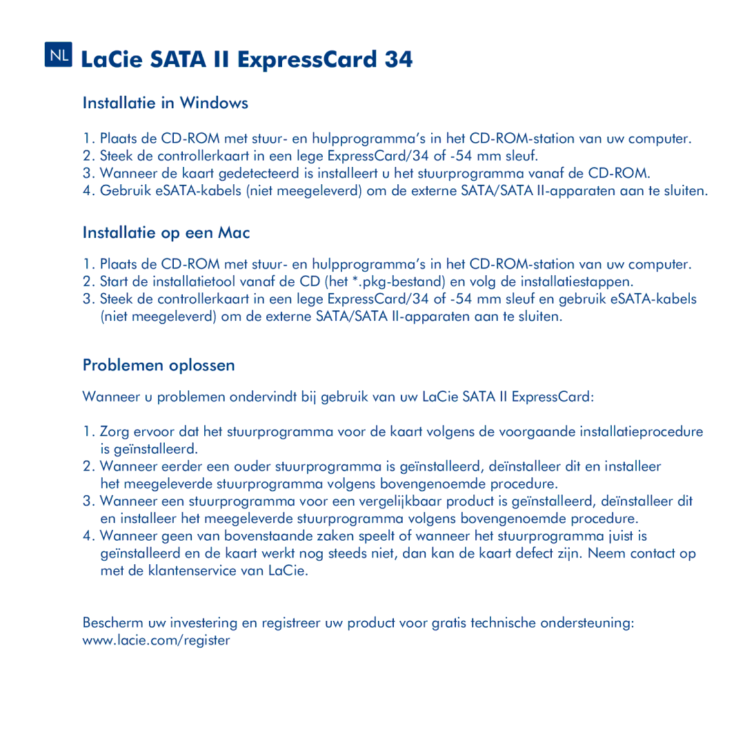 LaCie 34 manual NL LaCie Sata II ExpressCard, Installatie in Windows, Installatie op een Mac, Problemen oplossen 