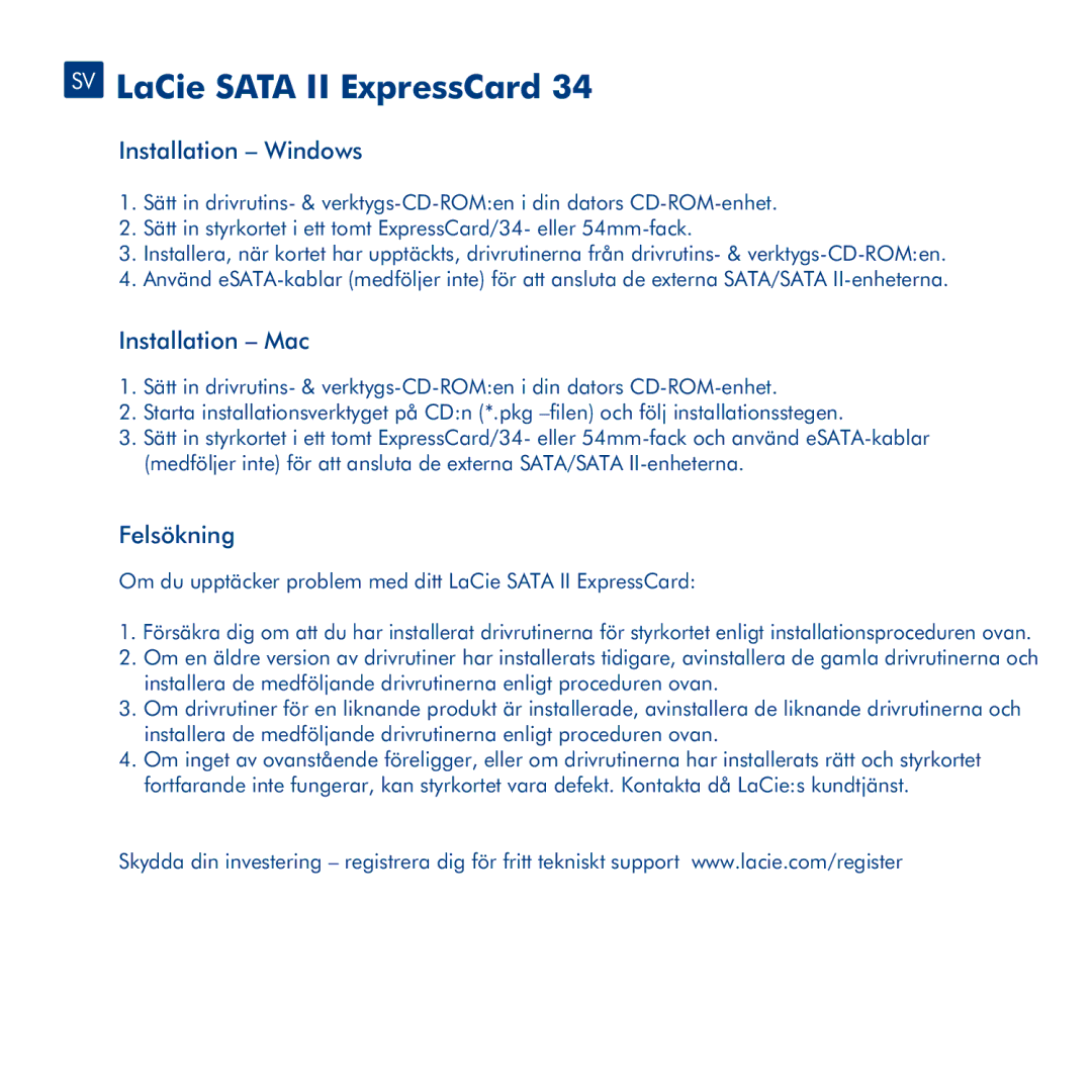 LaCie 34 manual SV LaCie Sata II ExpressCard, Felsökning 