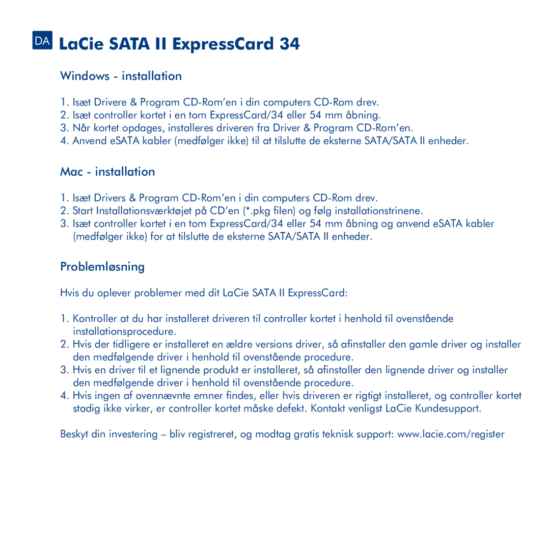 LaCie 34 manual DA LaCie Sata II ExpressCard, Windows installation, Mac installation, Problemløsning 