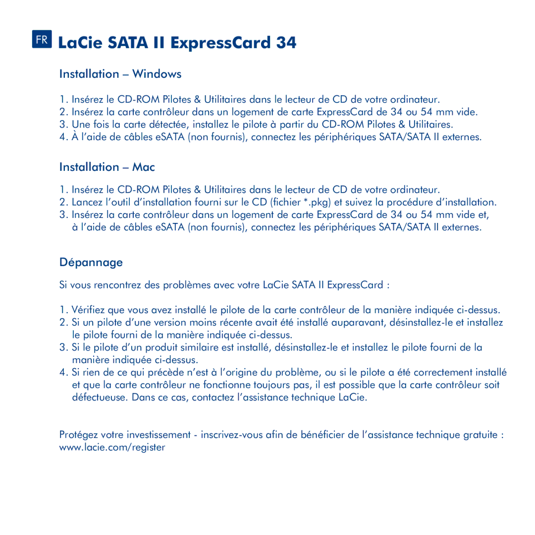 LaCie 34 manual FR LaCie Sata II ExpressCard, Installation Windows, Installation Mac, Dépannage 