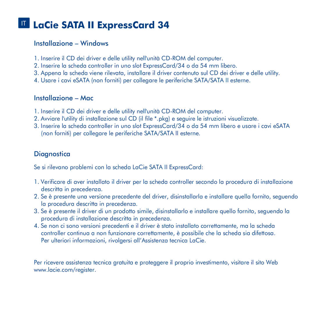 LaCie 34 manual IT LaCie Sata II ExpressCard, Installazione Windows, Installazione Mac, Diagnostica 