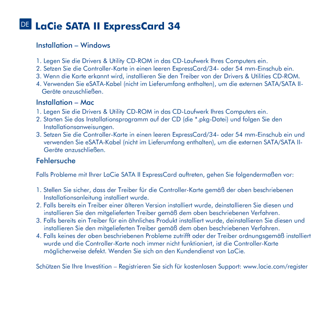 LaCie 34 manual DE LaCie Sata II ExpressCard, Fehlersuche 