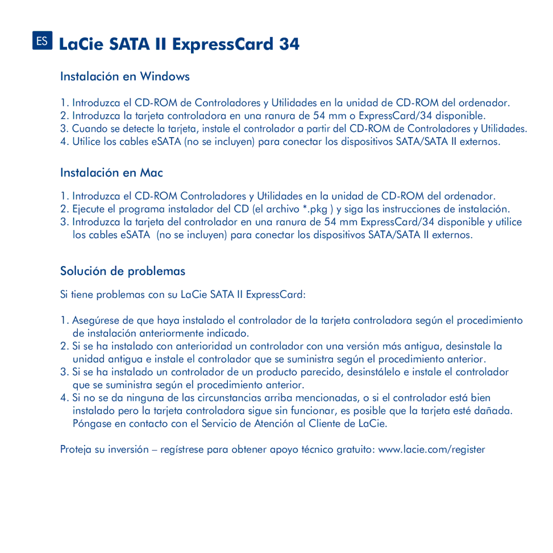 LaCie 34 manual ES LaCie Sata II ExpressCard, Instalación en Windows, Instalación en Mac, Solución de problemas 