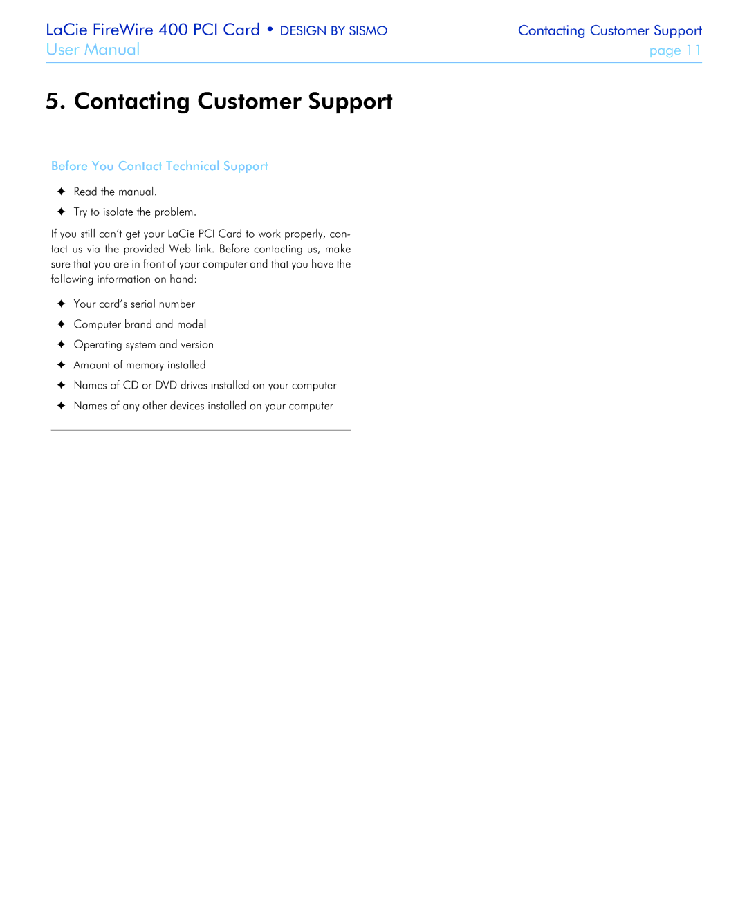 LaCie 400 user manual Contacting Customer Support, Before You Contact Technical Support 