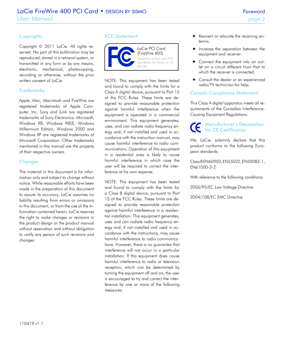 LaCie 400 user manual Copyrights, Trademarks, Changes, FCC Statement, Canada Compliance Statement 