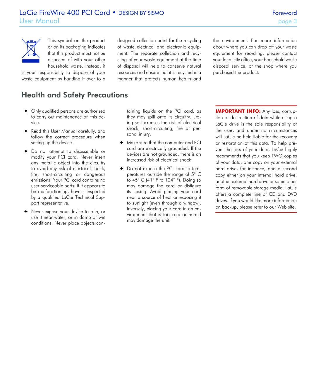 LaCie 400 user manual Health and Safety Precautions, Foreword 